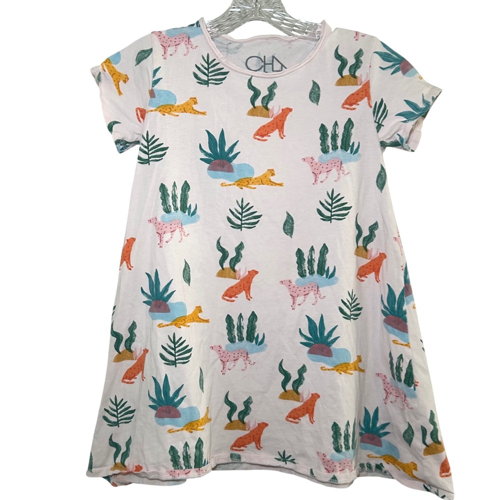 Chaser Kids Pink Cheetah Jungle Print Cotton A-Line Dress Size 10 Short Sleeve